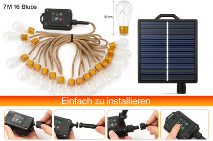 Vintage Solar Lichterkette Outdoor – 7 m mit 16 LED-Birnen & IP65 Schutz
