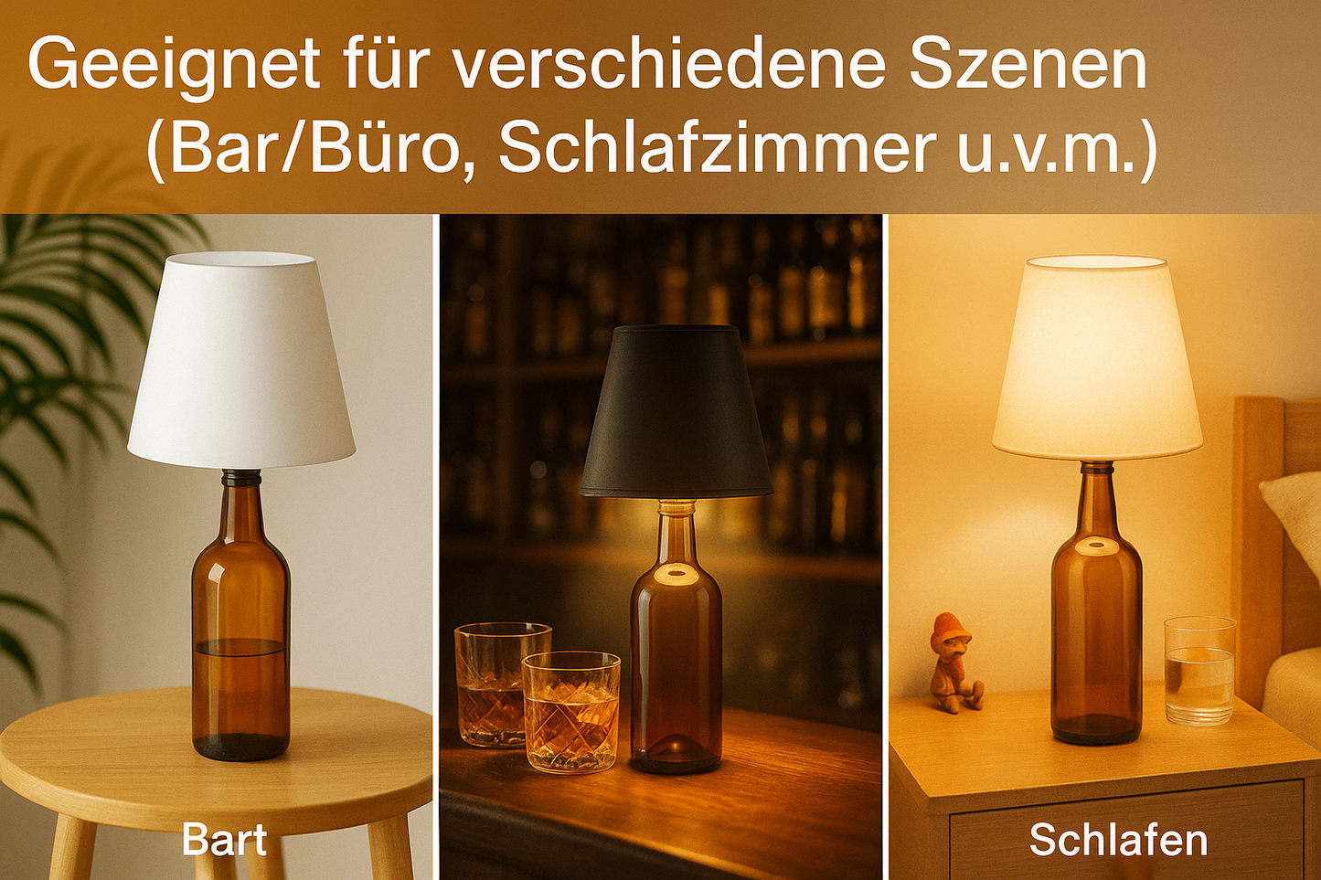 USB Flaschen-Ambientlampe – Touch-Steuerung, 3 Lichtfarben & stufenlose Dimmung | Perfekt für Bar-Deko, Nachtlicht & Tischbeleuchtung