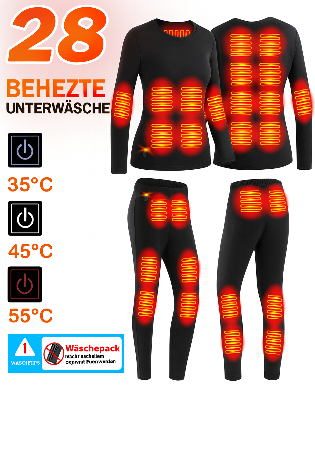 Beheizte Thermounterwäsche Set – USB-betrieben, 3 Heizstufen, Sicherheitsabschaltung, maschinenwaschbar, für Damen und Herren