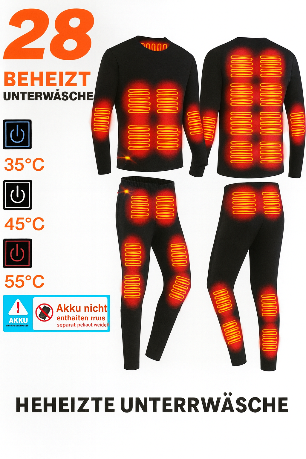 Beheizte Thermounterwäsche Set – USB-betrieben, 3 Heizstufen, Sicherheitsabschaltung, maschinenwaschbar, für Damen und Herren