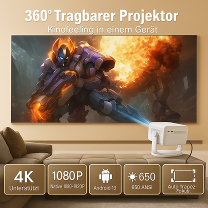 CineBeam – Tragbarer Qualitäts Smart-Projektor mit 4K-Support, Android 11, 1080P & 650 ANSI