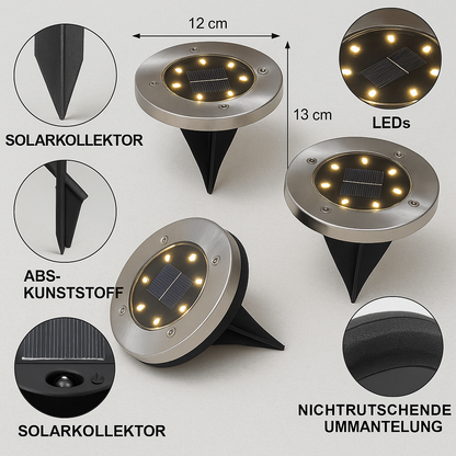 Solar LED Bodenleuchten IP65 – wasserdichte Outdoor Disk Lights mit 8 LEDs, 500 mAh Akku, rutschfest – Garten-, Weg- & Terrassenbeleuchtung